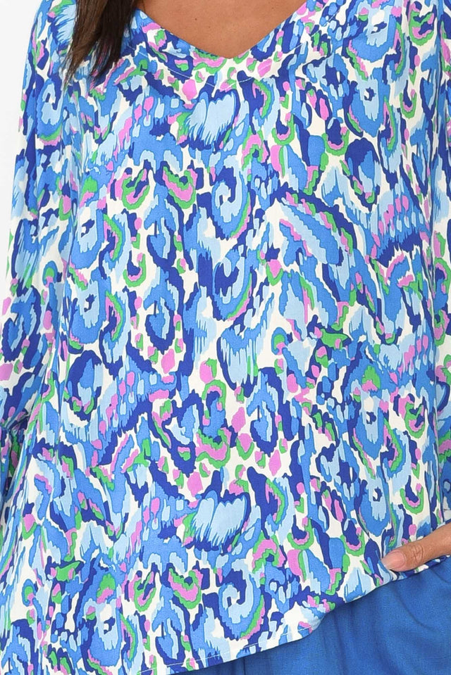 Juli Blue Abstract Frill Sleeve Top