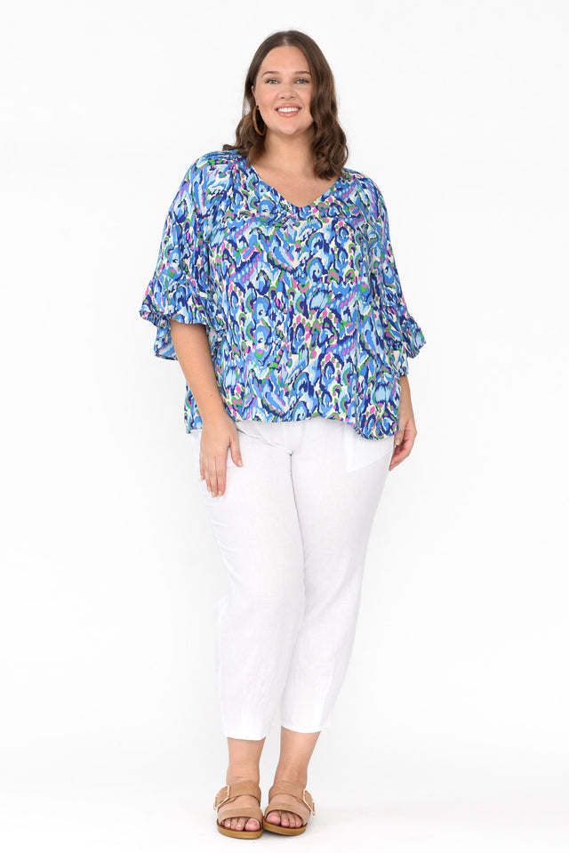 Juli Blue Abstract Frill Sleeve Top banner image