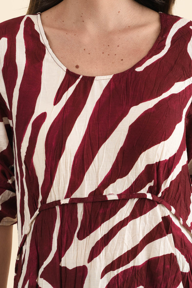 Juna Burgundy Abstract Crescent Dress,Detail,Brunette model,alt text|model:MJ image 6