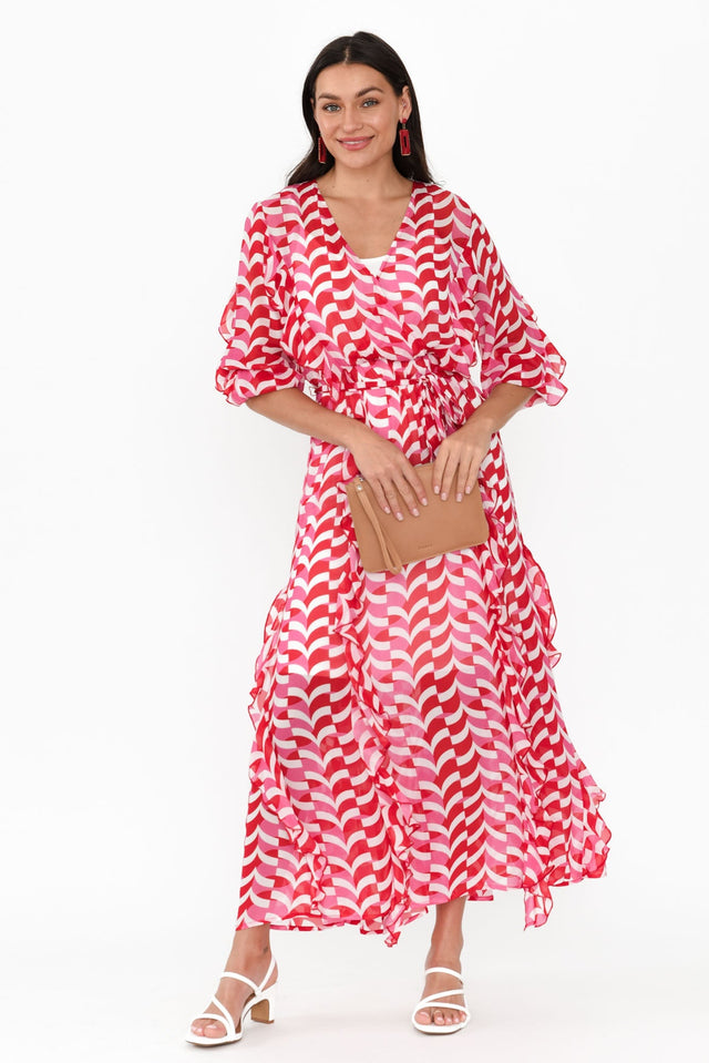 Just Love Pink Geo Ruffle Dress,Brunette model,alt text|model:Brontie image 1
