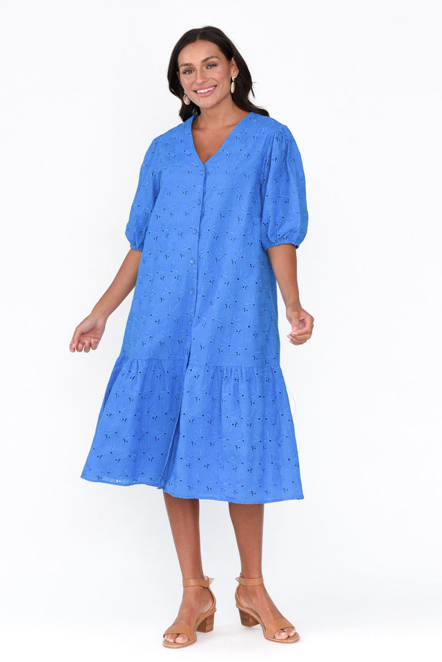 Kailey Blue Embroidered Cotton Dress