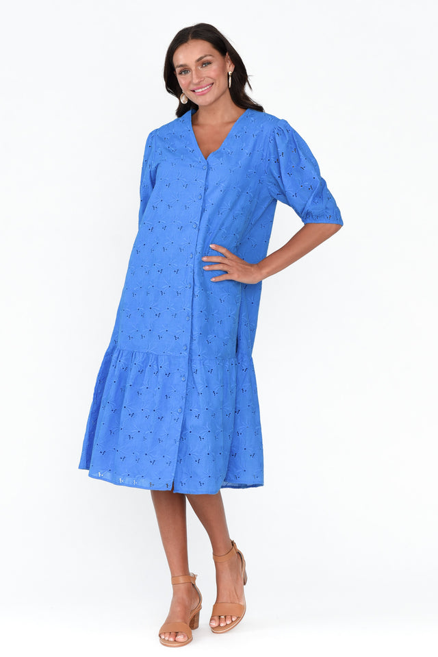 Kailey Blue Embroidered Cotton Dress