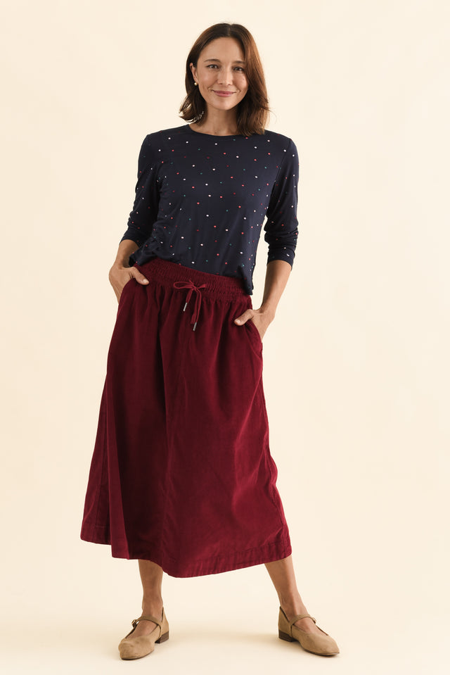 Winnie Burgundy Corduroy Cotton Skirt,Full Body,Brunette model,alt text|model:Cara image 6