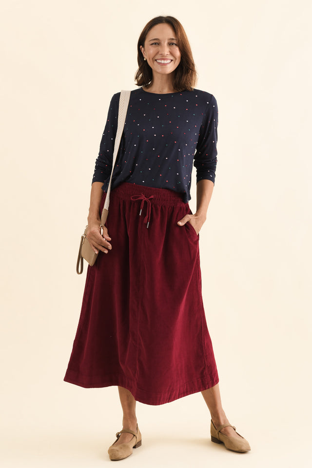 Winnie Burgundy Corduroy Cotton Skirt,Full Body,Brunette model,alt text|model:Cara
