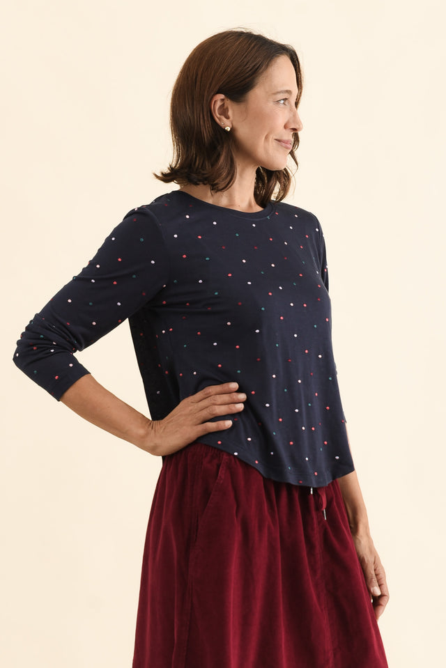 Kaja Navy Spot Long Sleeve Tee,Side,Brunette model,alt text|model:Cara image 3