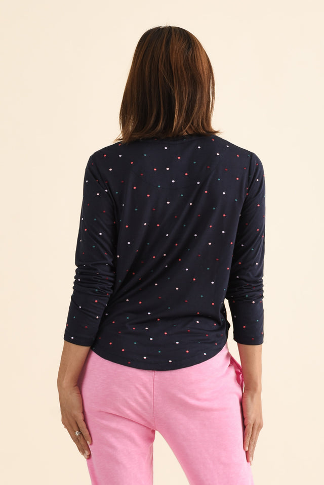 Kaja Navy Spot Long Sleeve Tee,brunette model,Back of Outfit,alt text|model:Cara image 4