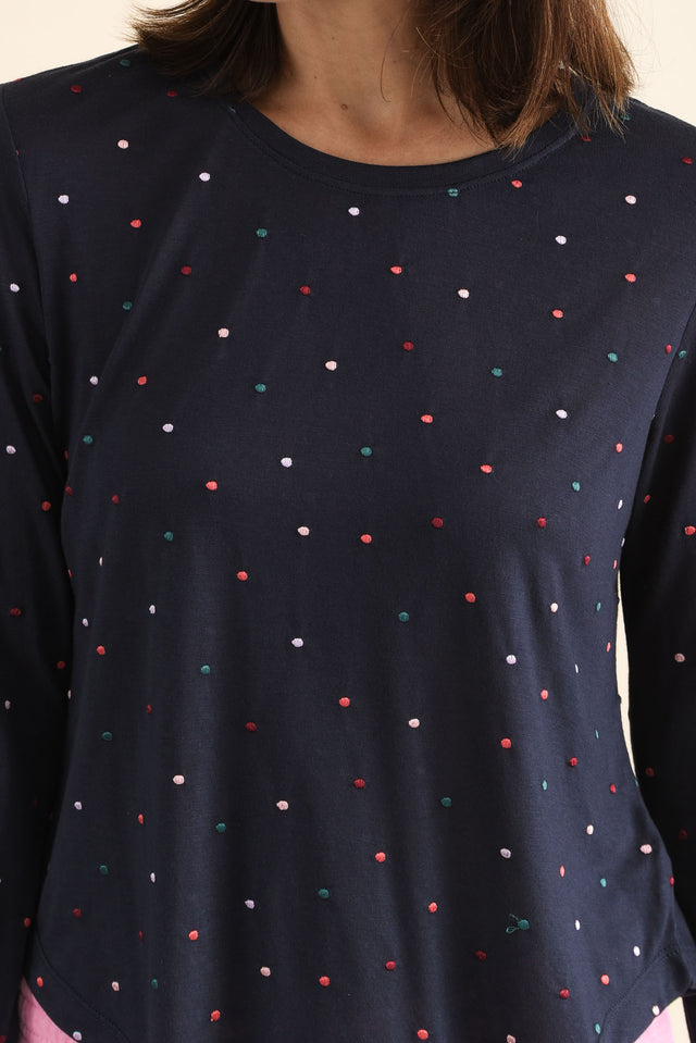 Kaja Navy Spot Long Sleeve Tee,brunette model,Close up of outfit,alt text|model:Cara image 5