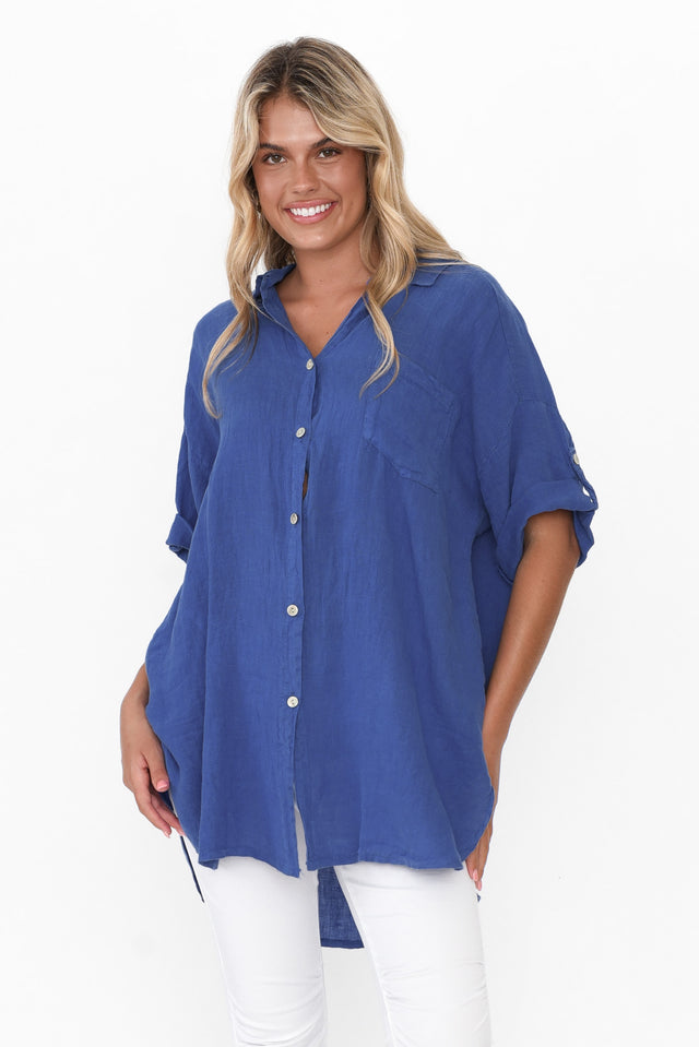 Kakadu Blue Linen Button Shirt neckline_V Neck  alt text|model:Imogen;wearing:S