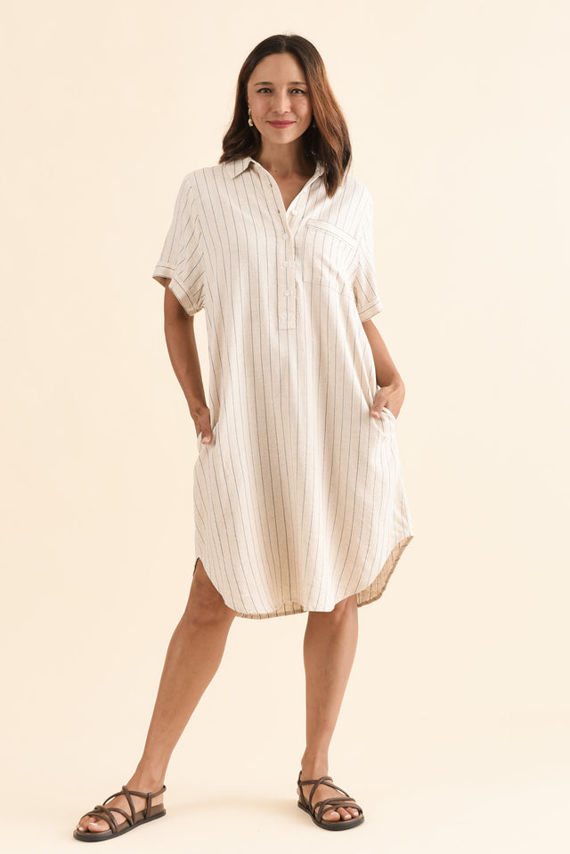 Kareem Beige Stripe Cotton Collared Dress,Full Body,Brunette model,alt text|model:Cara image 6