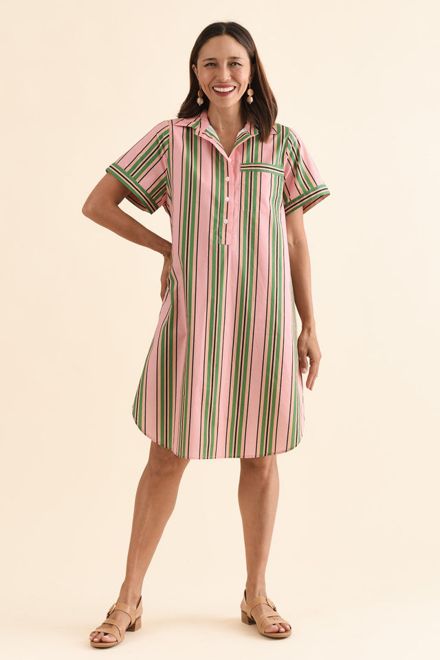 Kareem Green Stripe Cotton Collared Dress,Full Body,Brunette model,alt text|model:Cara image 6
