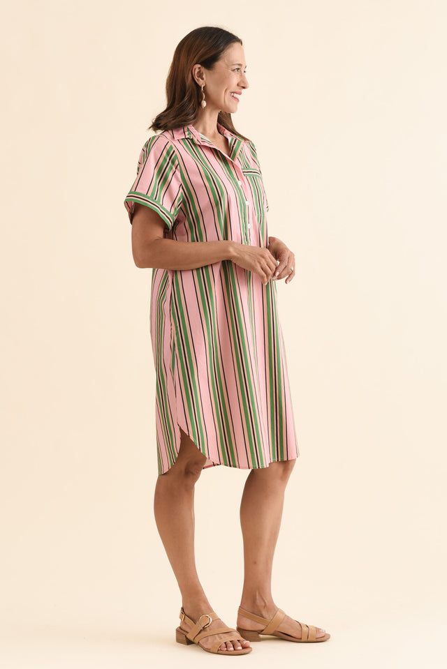 Kareem Green Stripe Cotton Collared Dress,Side,Brunette model,alt text|model:Cara image 3