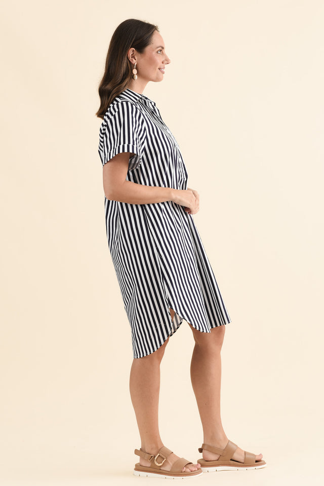 Kareem Navy Stripe Cotton Collared Dress,Side,Brunette model,alt text|model:MJ image 3