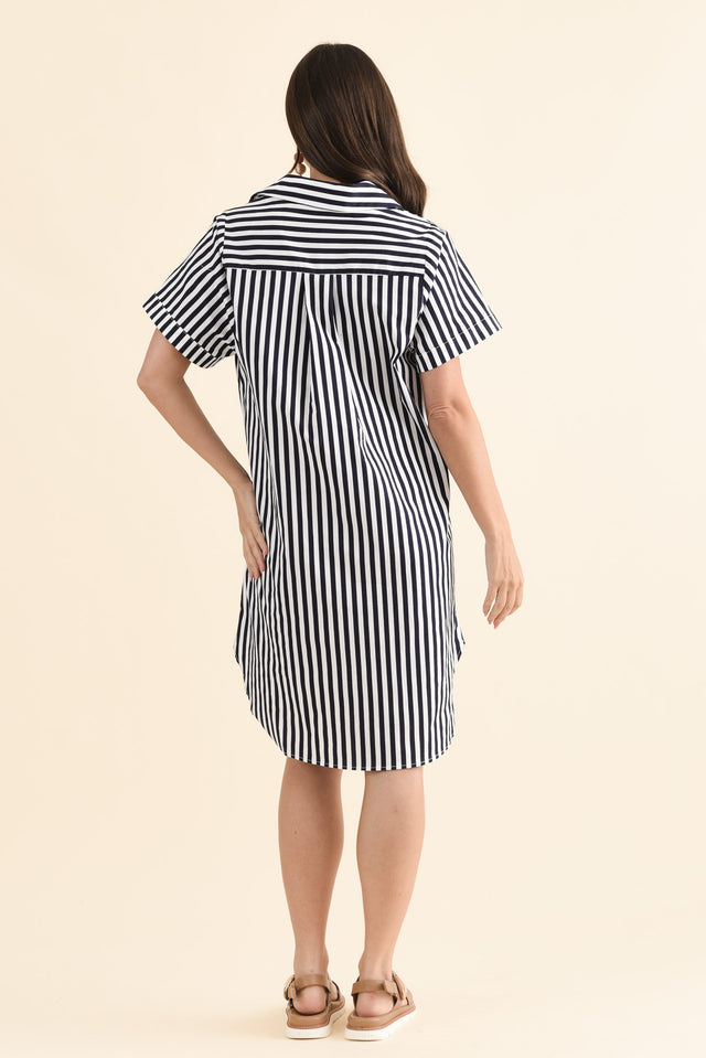 Kareem Navy Stripe Cotton Collared Dress,Back,Brunette model,alt text|model:MJ image 4