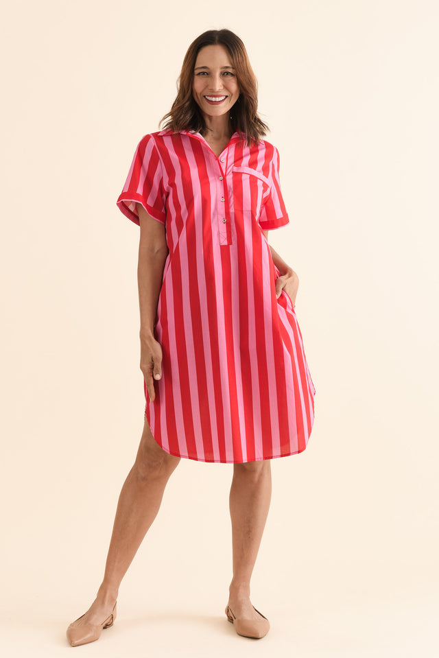 Kareem Red Stripe Cotton Collared Dress,Front,Brunette model,alt text|model:Cara image 2