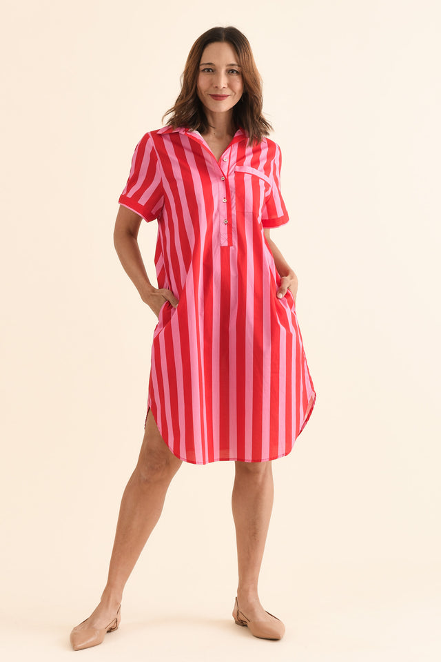 Kareem Red Stripe Cotton Collared Dress,Full Body,Brunette model,alt text|model:Cara image 7