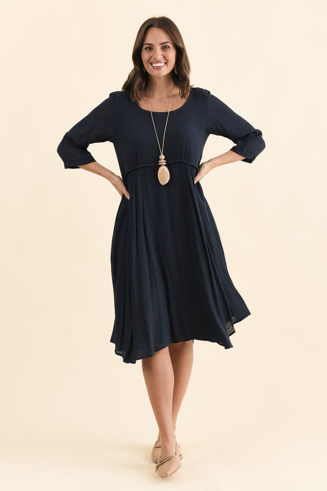 Karina Navy Crescent Dress,Brunette model,alt text|model:MJ image 7