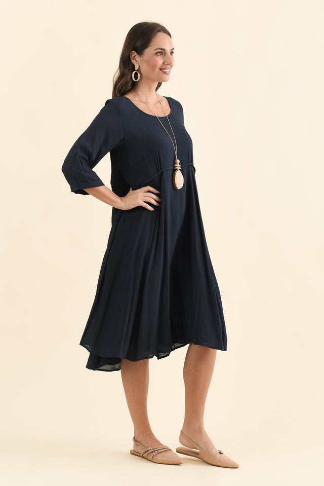 Karina Navy Crescent Dress,Brunette model,alt text|model:MJ image 4