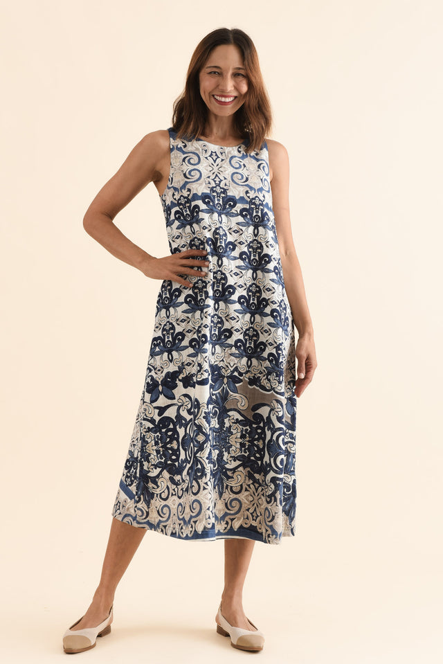 Karlan Navy Patchwork Cotton Pocket Dress,Full Body,Brunette model,alt text|model:Cara image 2