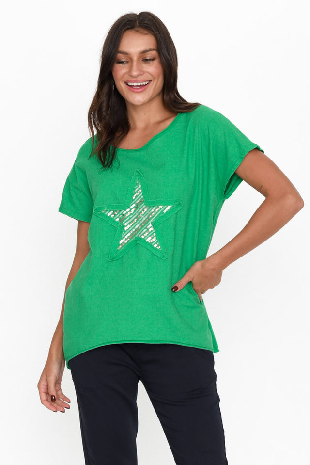Kassidy Emerald Star Sequin Tee neckline_Round  alt text|model:Brontie;wearing:S/M