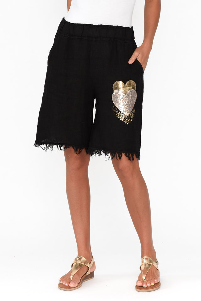Katana Black Foil Heart Linen Shorts