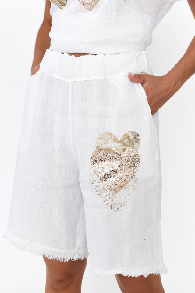 Katana White Foil Heart Linen Shorts
