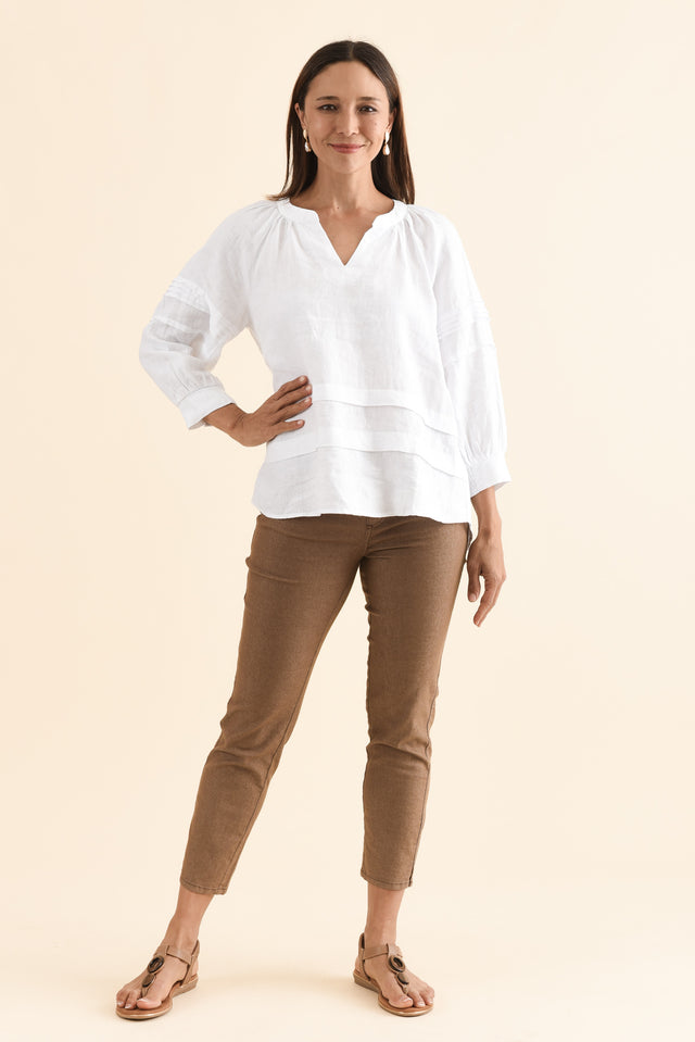 Kate White Linen Tiered Top,Full Body,Brunette model,alt text|model:Cara image 2