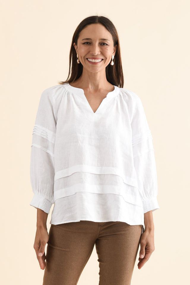 Kate White Linen Tiered Top,Front,Brunette model,alt text|model:Cara image 1