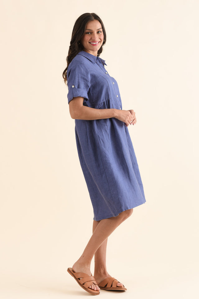 Kathy Blue Linen Shirt Dress,Side,Brunette model,alt text|model:Brontie image 3