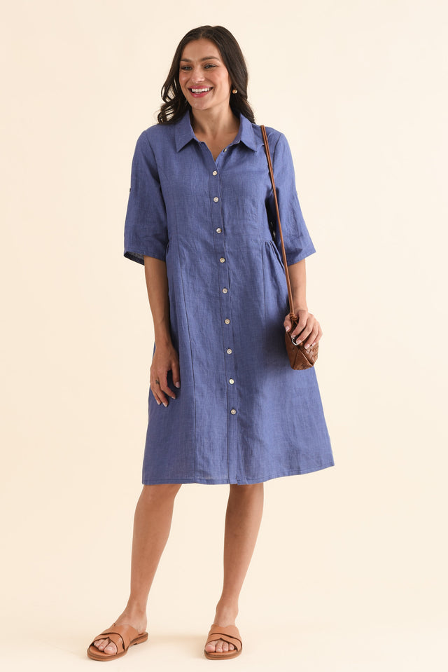 Kathy Blue Linen Shirt Dress,Front,Brunette model,alt text|model:Brontie