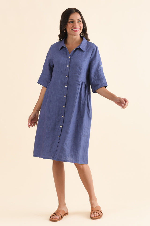 Kathy Blue Linen Shirt Dress,Full Body,Brunette model,alt text|model:Brontie image 6