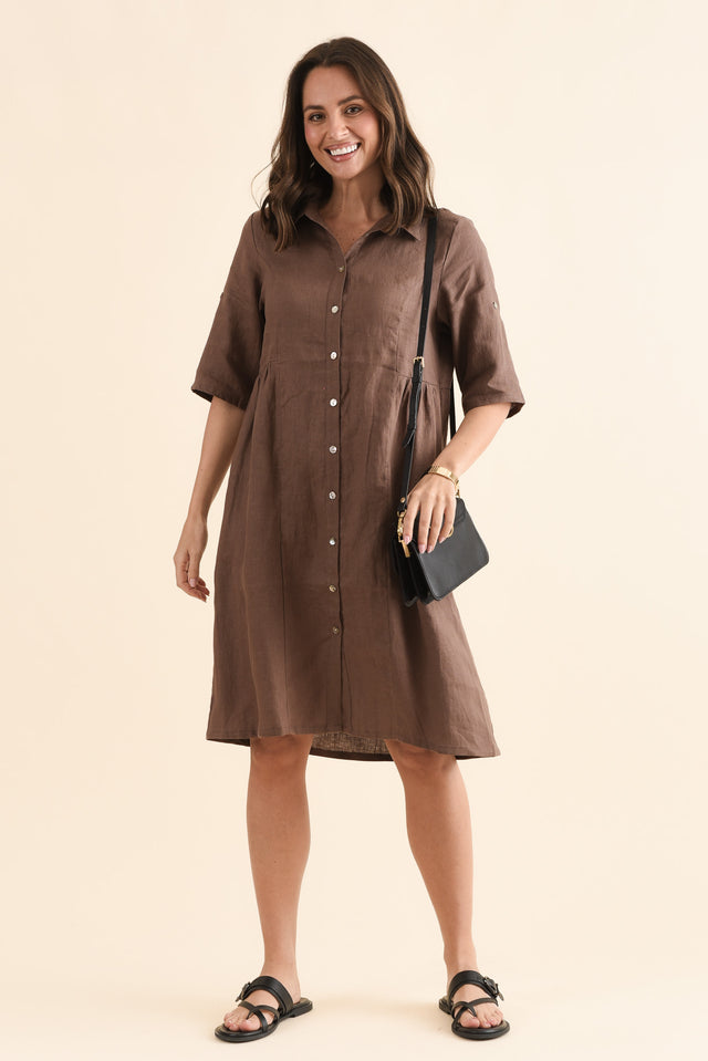 Kathy Brown Linen Shirt Dress,Front,Brunette model,alt text|model:MJ