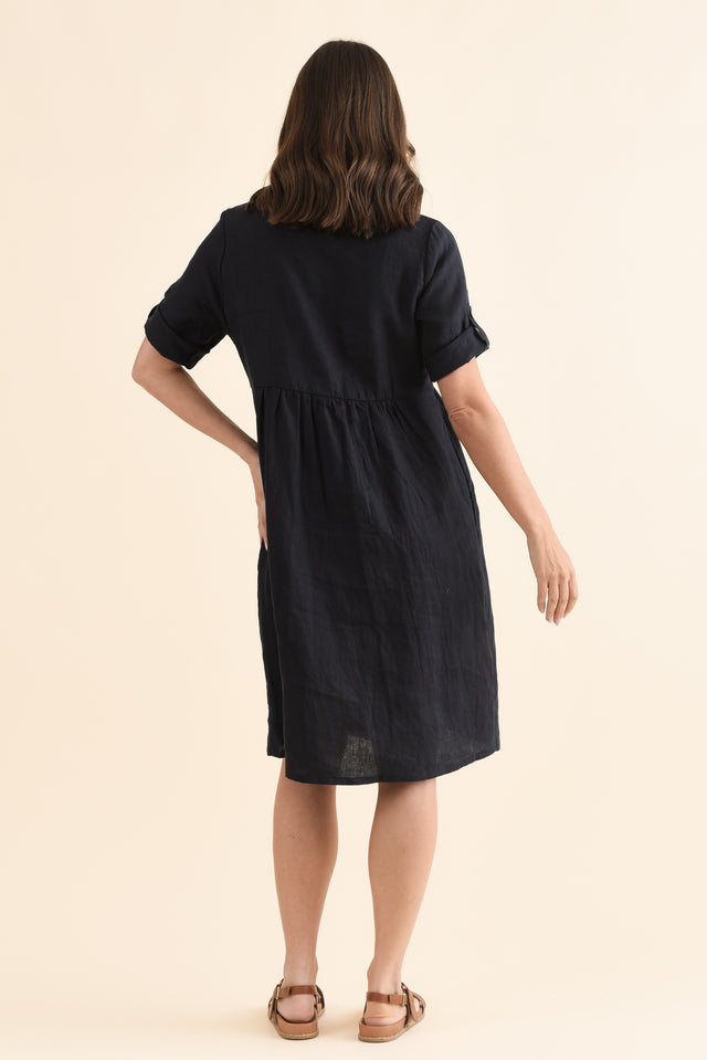 Kathy Navy Linen Shirt Dress,Back,Brunette model,alt text|model:MJ image 4