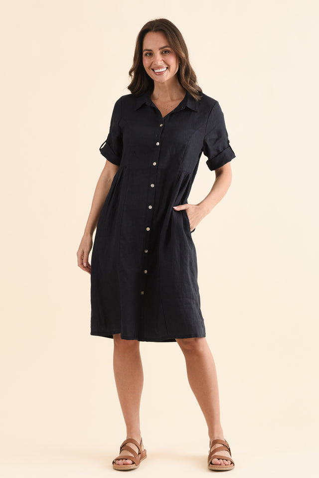 Kathy Navy Linen Shirt Dress,Full Body,Brunette model,alt text|model:MJ image 2