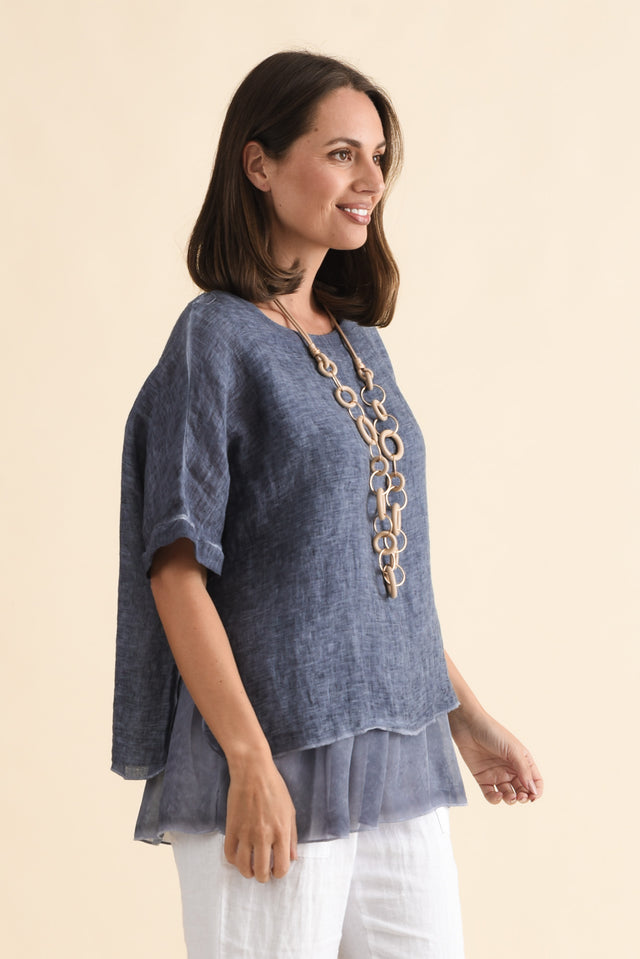 Kayla Dark Blue Linen Layered Top,Brunette model,alt text|model:MJ image 4