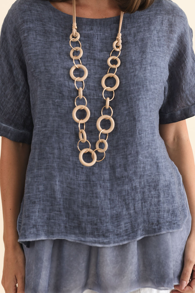 Kayla Dark Blue Linen Layered Top,Brunette model,alt text|model:MJ image 6