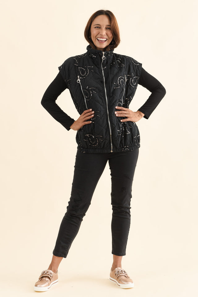 Kaylani Black Sequin Quilted Vest,Full Body,Brunette model,alt text|model:Cara image 7