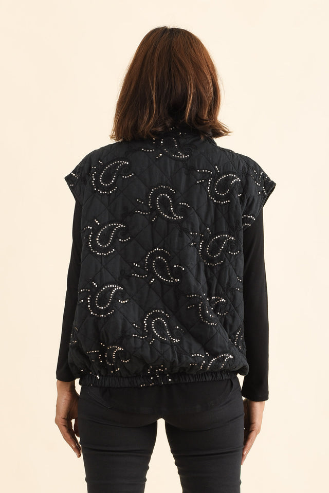 Kaylani Black Sequin Quilted Vest,Back,Brunette model,alt text|model:Cara image 5