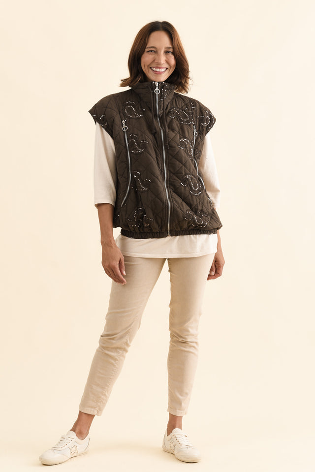 Kaylani Chocolate Sequin Quilted Vest,Full Body,Brunette model,alt text|model:Cara image 4