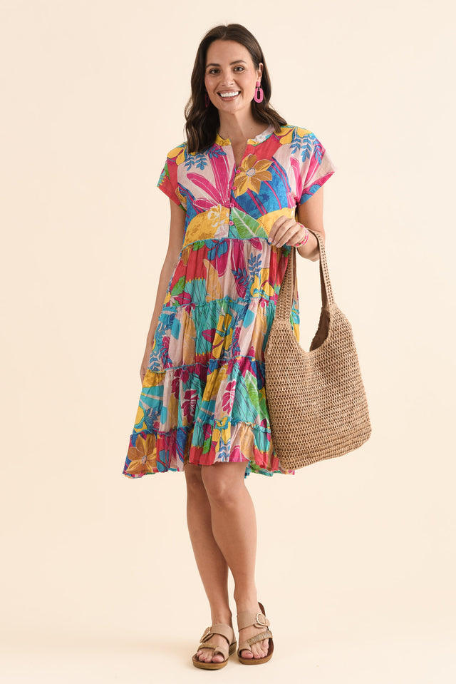 Kaylee Yellow Blossom Crinkle Cotton Dress,Front,Brunette model,alt text|model:MJ image 1