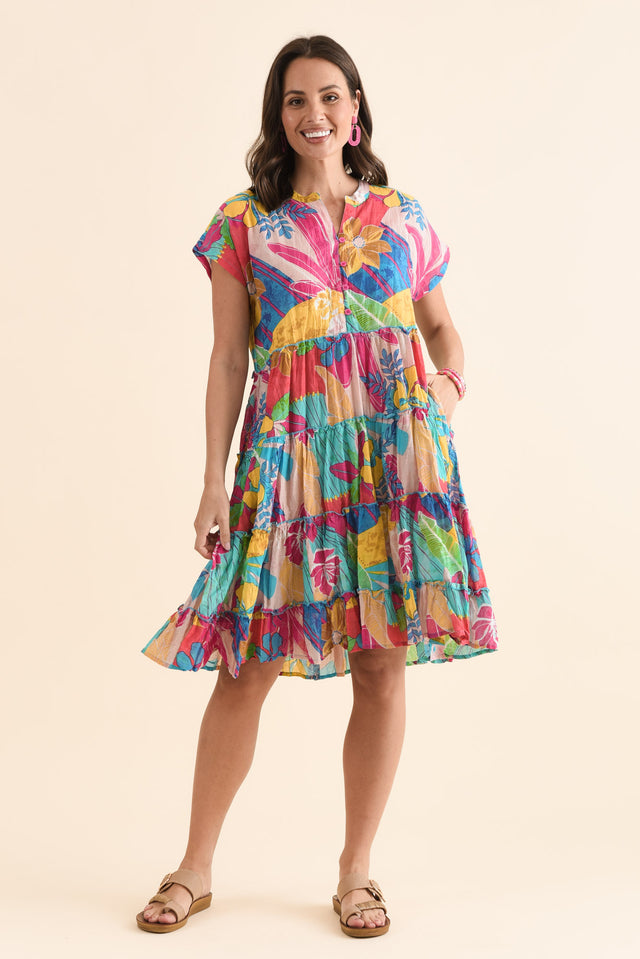 Kaylee Yellow Blossom Crinkle Cotton Dress,Full Body,Brunette model,alt text|model:MJ image 2
