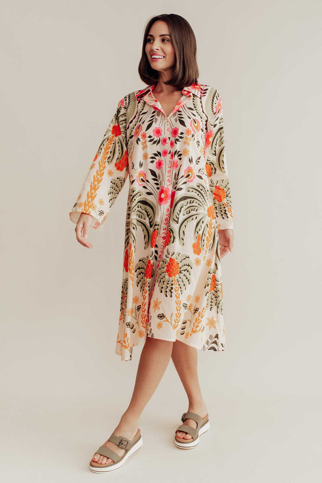 Kaylene Orange Palm Cotton Shirt Dress