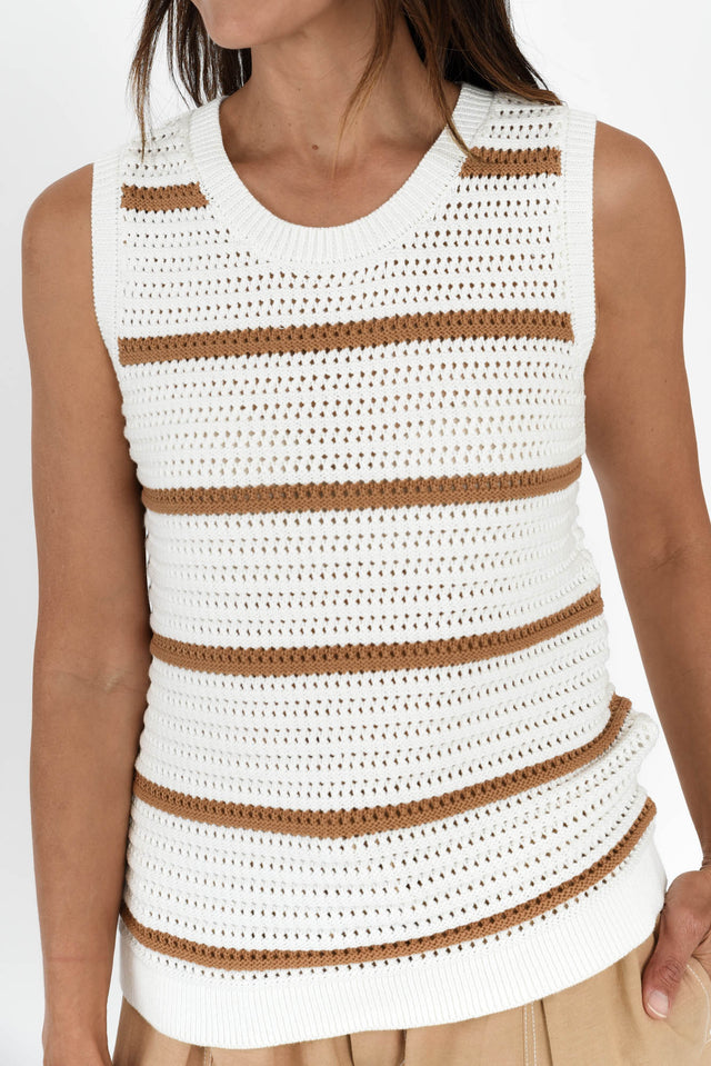 Kenali White Stripe Cotton Knit Tank,Brunette model,alt text|model:Cara image 5