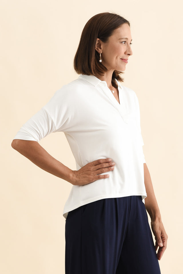 Khan Cream Collared Polo Top,Brunette model,alt text|model:Cara image 4