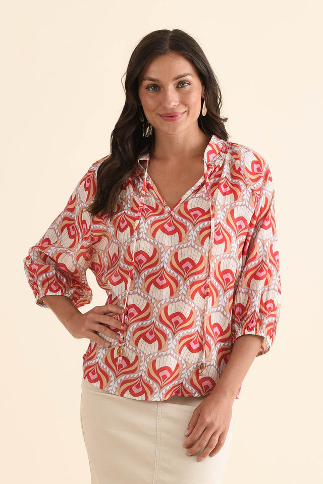 Kim Red Abstract Cotton Top,Front,Brunette model,alt text|model:Brontie image 1