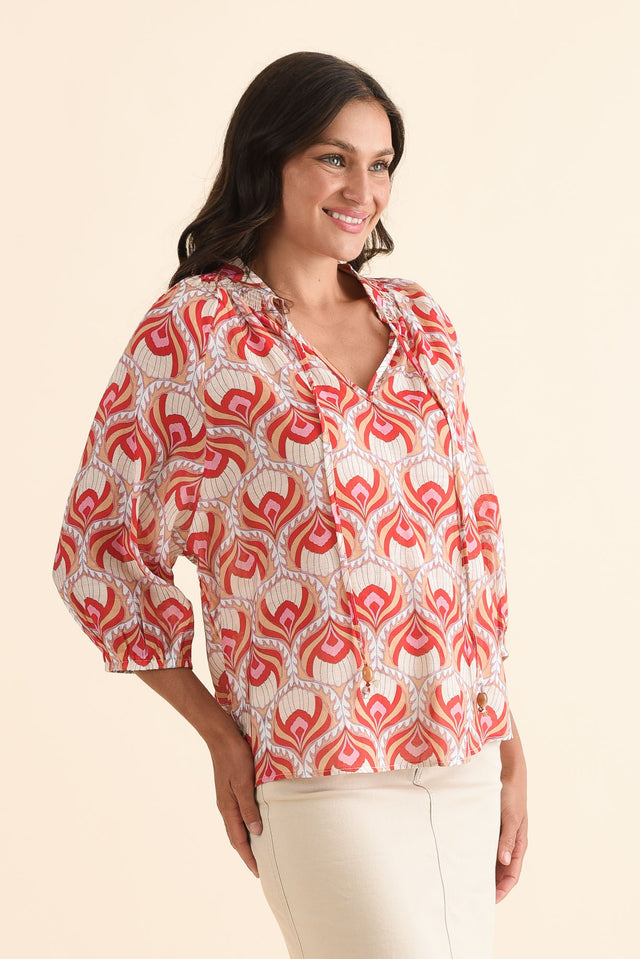 Kim Red Abstract Cotton Top,Side,Brunette model,alt text|model:Brontie image 3