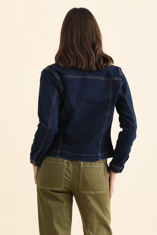 Kimbra Blue Denim Stretch Jacket,Back,Brunette model,alt text|model:MJ image 5