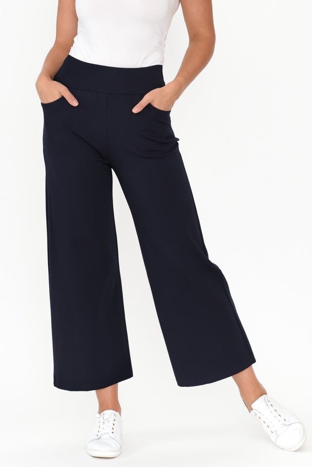 Kimmy Navy Wide Leg Ponte Pants length_Cropped rise_Mid print_Plain colour_Navy PANTS   alt text|model:Valeria;wearing:XS