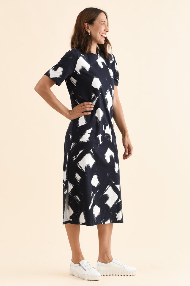 Klee Navy Abstract Cotton Tee Dress,Side,Brunette model,alt text|model:Cara image 3