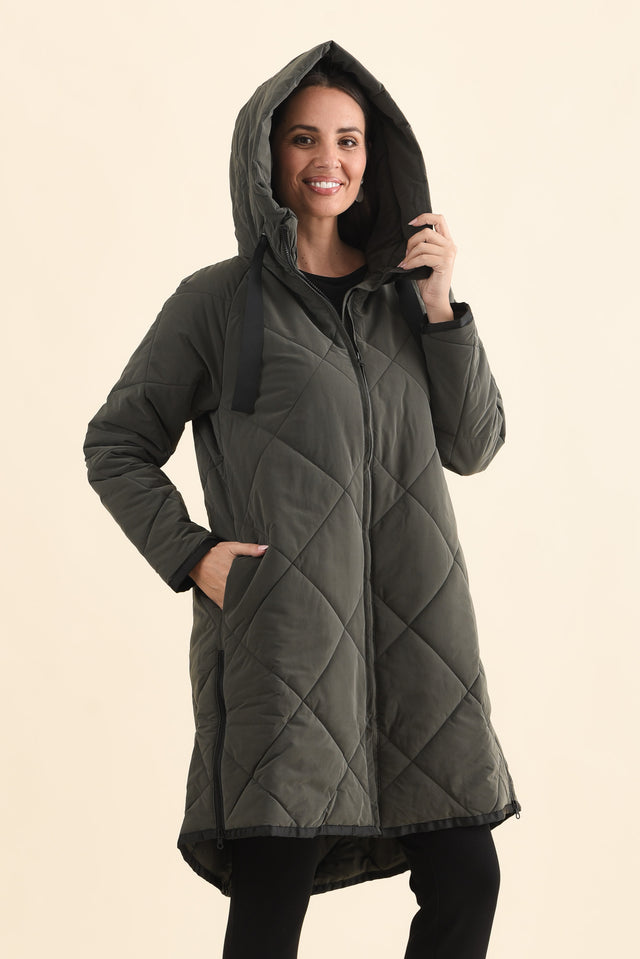 Koami Charcoal Quilted Hooded Coat,Brunette model,alt text|model:MJ image 4