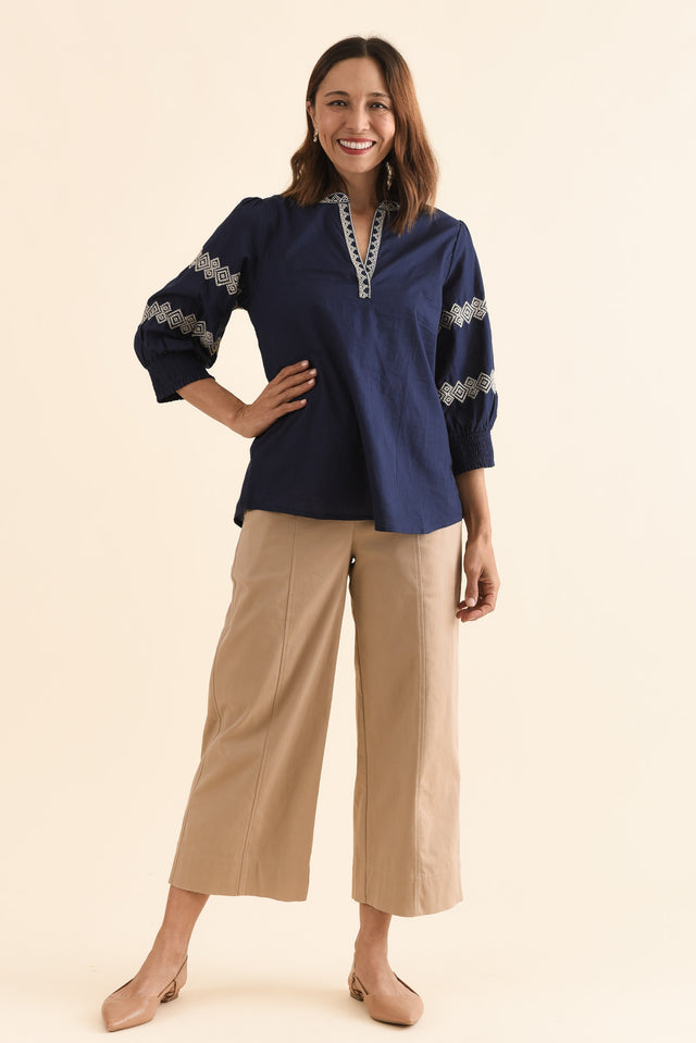 Kooma Navy Cotton Embroidered Top,Full Body,Brunette model,alt text|model:Cara image 6